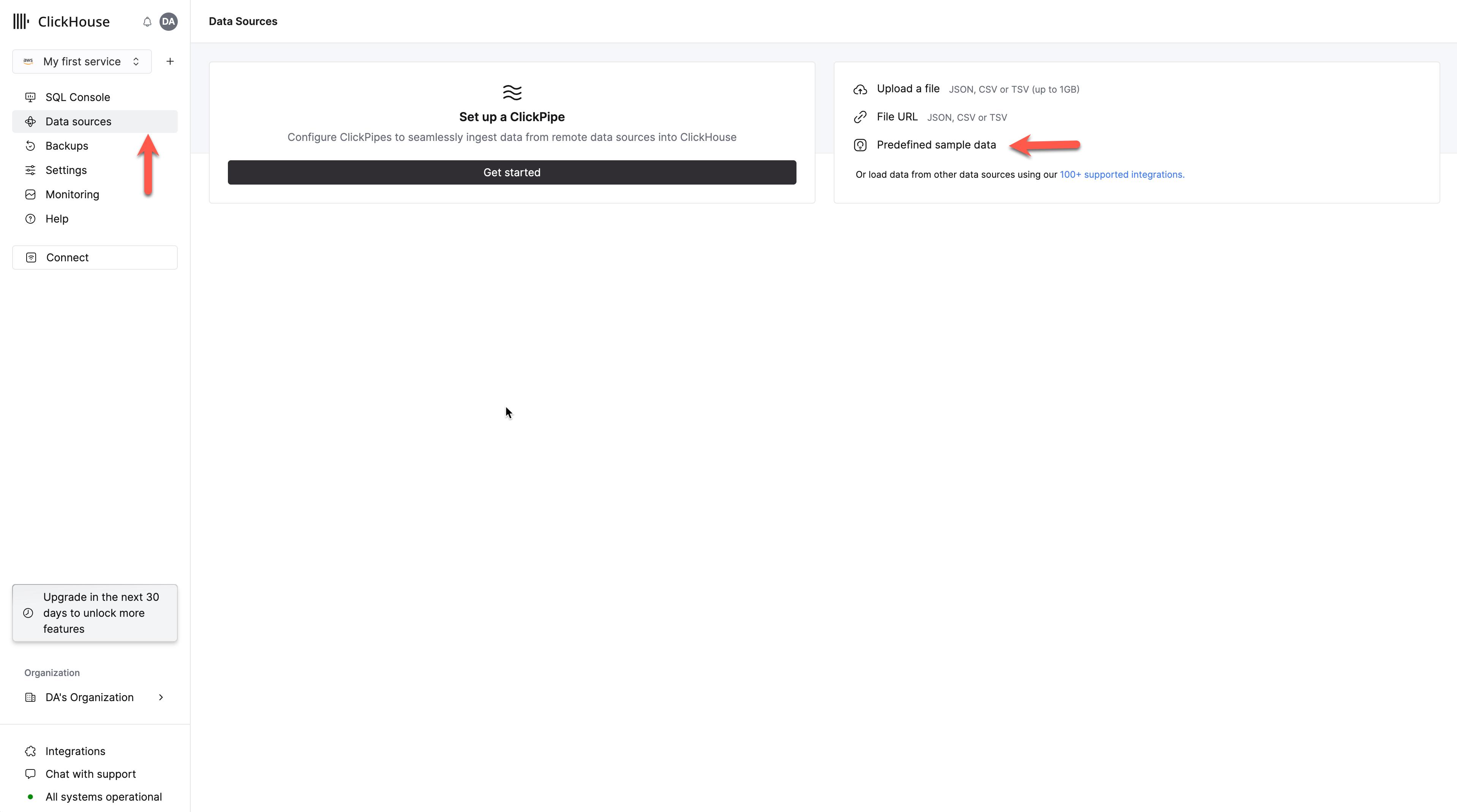 Меню действий (Actions) сервиса ClickHouse Cloud с пунктами Data sources и Predefined sample data